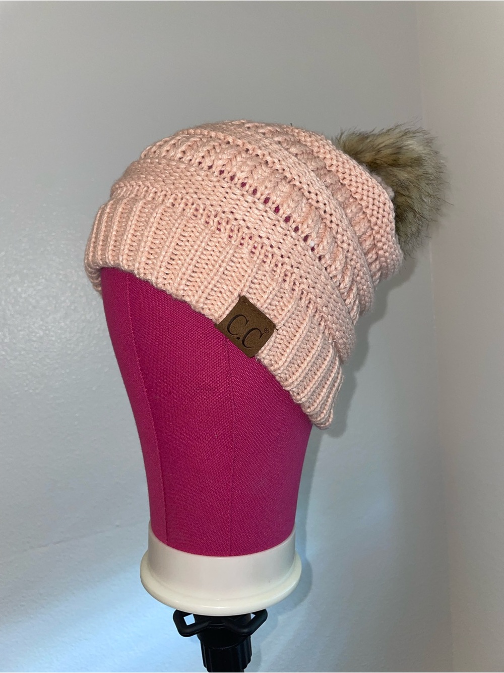C.C Ribbed Pom Beanie - Light Pink with Faux Fur Pom